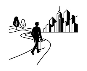 Fototapeta premium A Silhouette Illustration of a Businessman Traveling Towards a City Skyline
