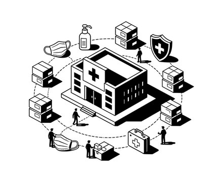 Isometric Illustration of Medical Supply Chain Logistics at a Hospital Facility