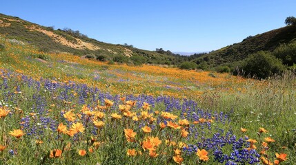 Fototapeta premium A vibrant wildflower meadow with a variety of blooming flowers in bright colors, set against a clear sky.