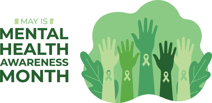 Mental health awareness month illustration with raised hands and a green ribbon symbolizing support and hope