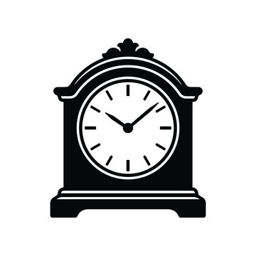 Halloween, Vintage mantel clock vector icon, antique tabletop timepiece silhouette, classic black desk clock illustration for home decor isolated on White Background