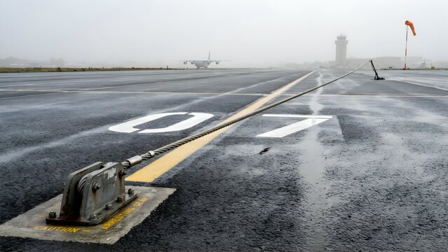 Aircraft Landing Zone with Ground Equipment in Foggy Weather Conditions