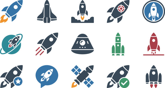 Set of rocket and space exploration icons in flat design style