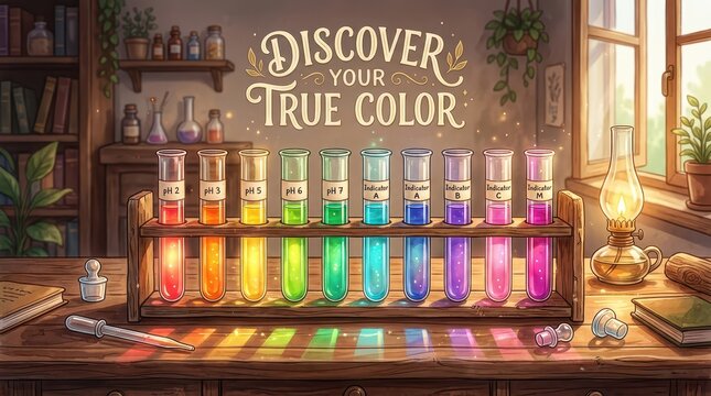 Discover Your True Color: Colorful Test Tubes with pH Indicators and Rainbow Light Refractions in a Vintage Laboratory Setting