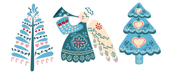 Naklejka premium Colorful illustration of a Christmas angel playing a trumpet, flanked by two decorative Christmas trees adorned with hearts and floral patterns