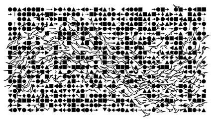 Fototapeta premium Bird swarm set with chaotic movement featuring stylized shapes, monochrome, and abstract forms with flight pattern and dense composition