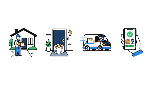 Delivery service icons showing package arrival at home van in motion and mobile tracking confirmation