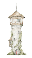Obraz premium Watercolor medieval tower, hand drawn building, whimsical european fairy tale house