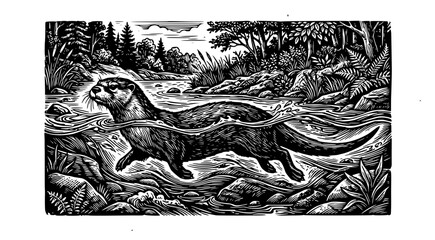 Obraz premium River otter set with detailed woodcut style illustration featuring wildlife, river, forest with black and white, engraving
