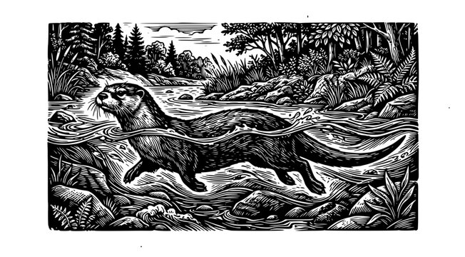 River otter set with detailed woodcut style illustration featuring wildlife, river, forest with black and white, engraving
