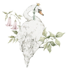 Cute watercolor white swan with crown, flowers, leaves. Charming bird and flora © Kate K.