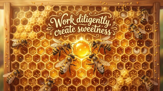 Bees working diligently on a honeycomb, creating sweetness, symbolizing teamwork and productivity