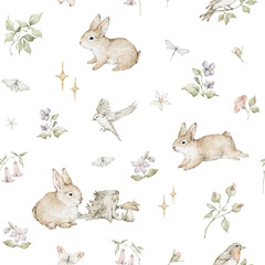 Fototapeta premium Watercolor seamless pattern with cute rabbits, flowers, leaves, birds, stars, butterflies. Woodland animals, bunny, cute forest nature