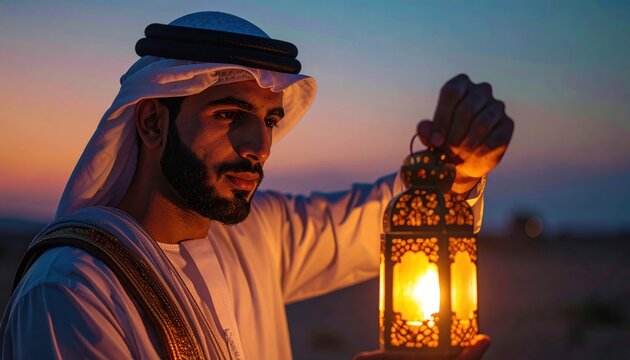 Man holding a traditional Arabic lantern in the desert at sunset.