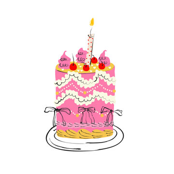 Pink birthday cake with cherries bows cream frosting candle and hearts in hand drawn vector style