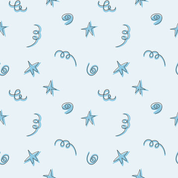 Seamless doodle pattern with blue stars and swirls on light background for wrapping textile and stationery design
