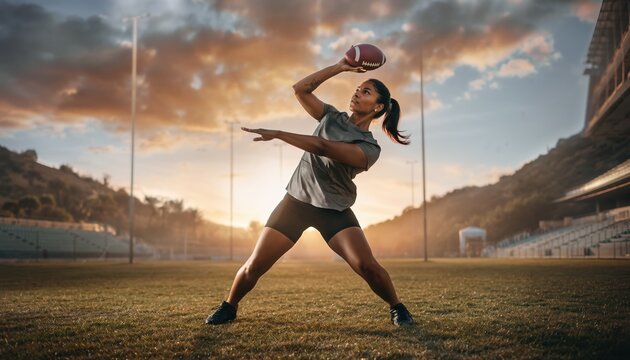 Woman American Football Player Throwing Ball in Stadium at Sunset.