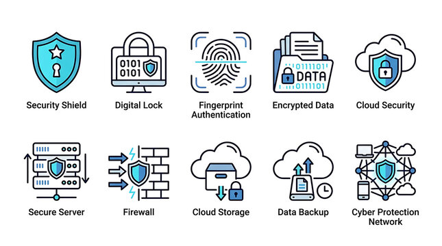 Digital security icons with network protection and data encryption concepts on a neutral surface