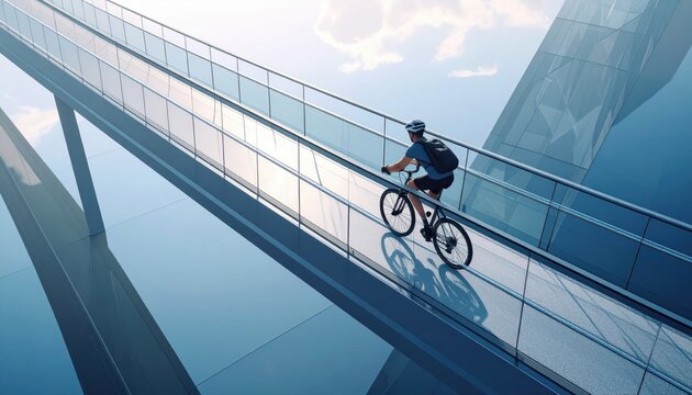 Cyclist riding bicycle on modern glass walkway with futuristic architecture.