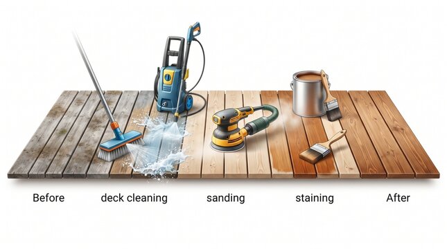 Deck maintenance tools arranged alongside wooden planks demonstrating cleaning sanding and staining processes