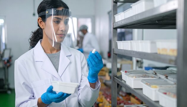 Scientist in lab coat inspecting samples in a laboratory.