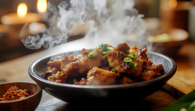 Steaming Bowl of Delicious Asian Cuisine with Fresh Herbs.