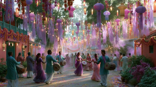 Indian villagers dancing during a festival celebration with colorful lanterns and powder in a vibrant street scene