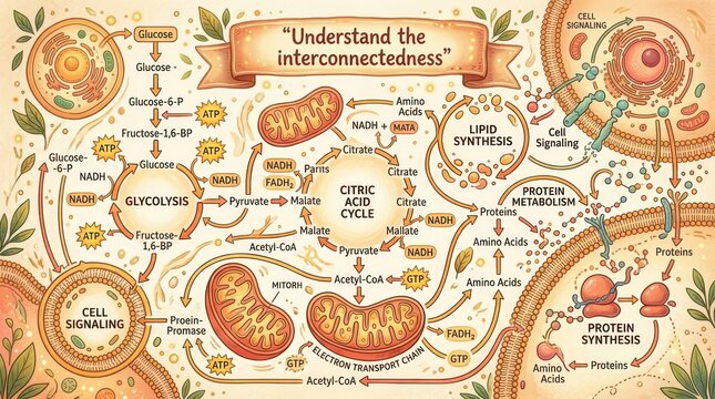 Biochemical processes illustration showing interconnected cellular functions like glycolysis, citric acid cycle, lipid and protein synthesis, and cell