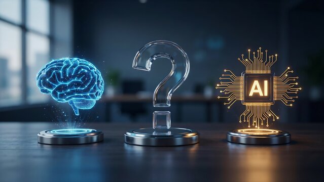 AI Technology Concept with Human Brain, Question Mark and Artificial Intelligence