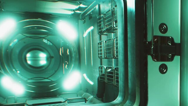 A control panel shows rows of storage units with glowing lights. The setting looks advanced and tech oriented. This scene suggests high tech research or machinery in action.