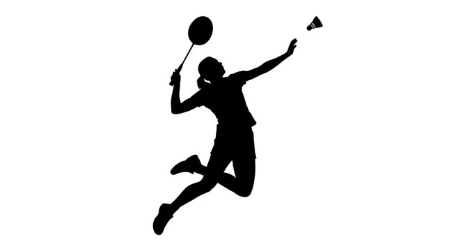 Female athlete in silhouette striking a shuttlecock during a badminton game with dynamic movement