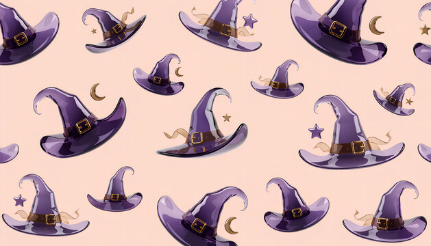 Halloween cute kawaii seamless pattern with purple witch hats and magic stars for seasonal holiday background