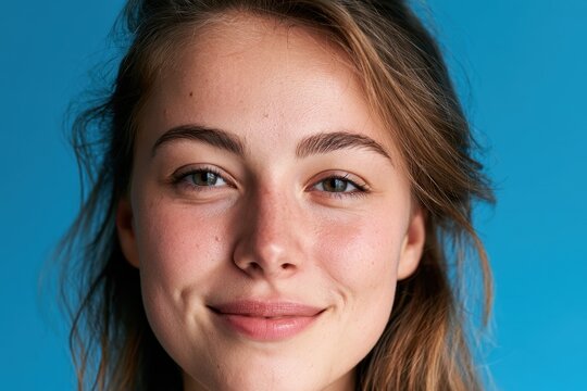 Energetic study portrait: long-haired young woman smiling while exploring ideas in a blue setting