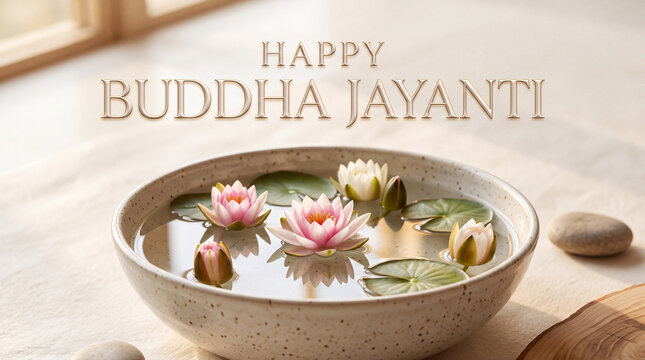 Serene water bowl with floating lotus flowers and stones celebrating Buddha Jayanti