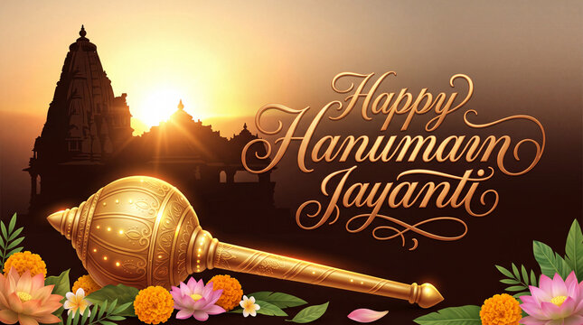 Celebratory Hanuman Jayanti Greetings with sacred temple silhouette and divine palanquin for auspicious occasion