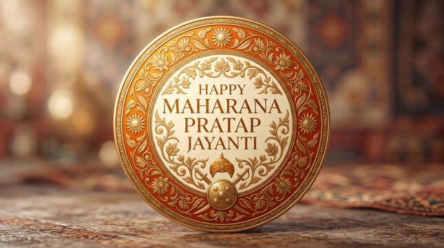 Decorative metallic coin celebrating Maharana Pratap Jayanti with intricate floral patterns and festive connotations
