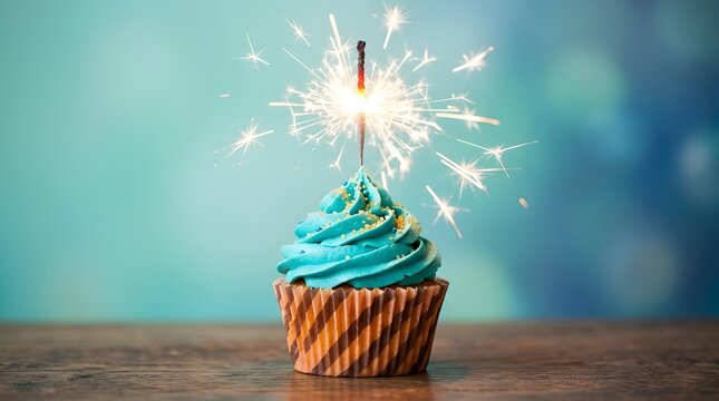 A beautifully decorated turquoise frosted cupcake is shown with a single bright sparkler lit on top against a softly blurred teal background