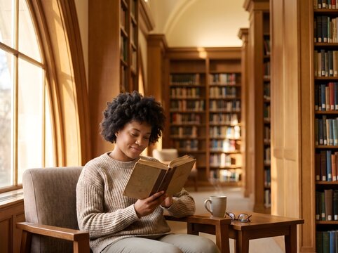 A young woman reading a book in a library with a cup of coffee