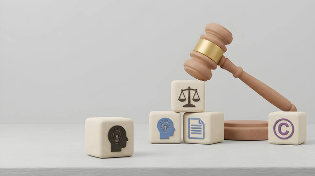 3D render illustrating the legal framework for intellectual property protection with a judge gavel and icons for patents and copyright.