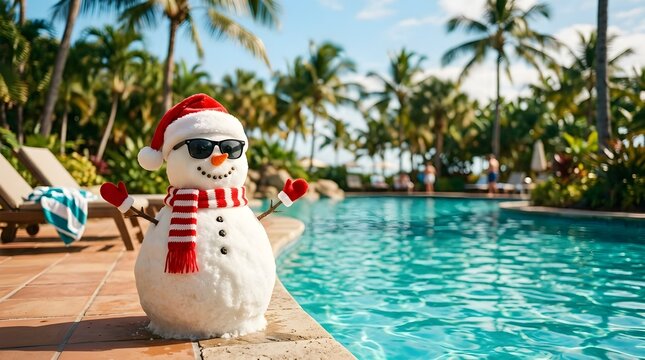 A cheerful snowman decoration sporting cool sunglasses relaxes by the sparkling blue poolside at a luxurious tropical resort during a delightful winter