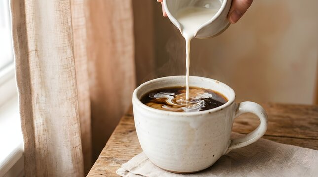 Creamy white milk is gently poured into a warm mug of rich black coffee beside a window with beautiful soft natural light