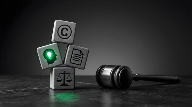 Intellectual property law concept with wooden blocks representing copyright document and justice scales alongside a judge gavel on a dark surface for creative rights protection.