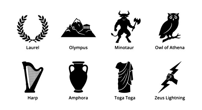 Greek Mythology Icons Set: Laurel Wreath, Olympus Mountain, Minotaur, Owl of Athena, Harp, Amphora, Toga, Zeus Lightning Bolt Vector Graphics