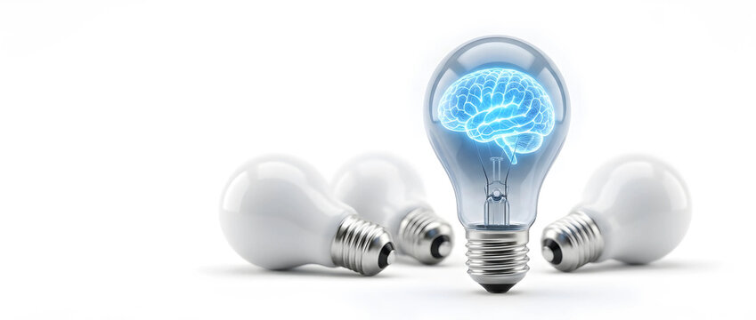 A glowing digital brain inside a clear light bulb represents an artificial intelligence breakthrough, showcasing a bright idea and unique tech innovation for futuristic smart solutions.