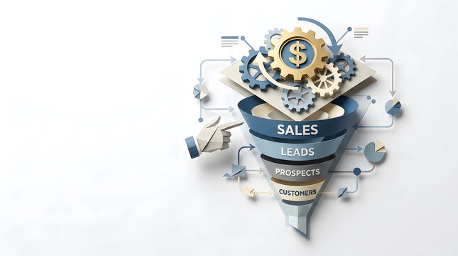 Business sales funnel 3D paper craft illustration with gear mechanism and dollar symbol representing customer acquisition process on white background.