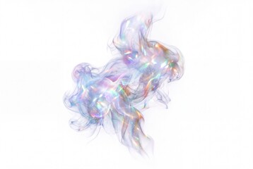 Obraz premium Translucent iridescent smoke swirl with holographic rainbow glow on a clean white background, ideal for beauty branding, luxury packaging, wellness, posters, and modern abstract design.