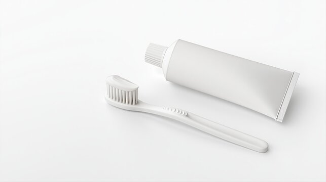 White toothbrush and empty toothpaste tube on background