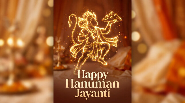 Vibrant glowing Hanuman illustration celebrating Hanuman Jayanti festival with spiritual imagery and traditional decorations