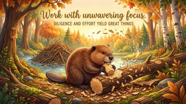 Cute cartoon beaver diligently gnawing on a log in a vibrant autumn forest setting, illustrating focus and hard work, with a lodge in the background.