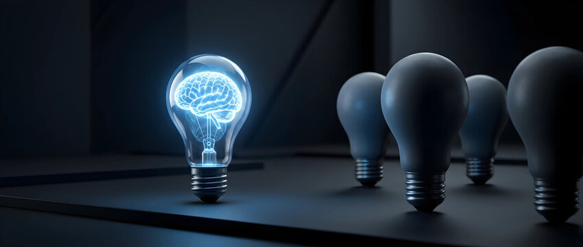 Glowing blue light bulb with digital brain representing an artificial intelligence breakthrough, unique tech innovation, and a creative idea standing out in the dark.